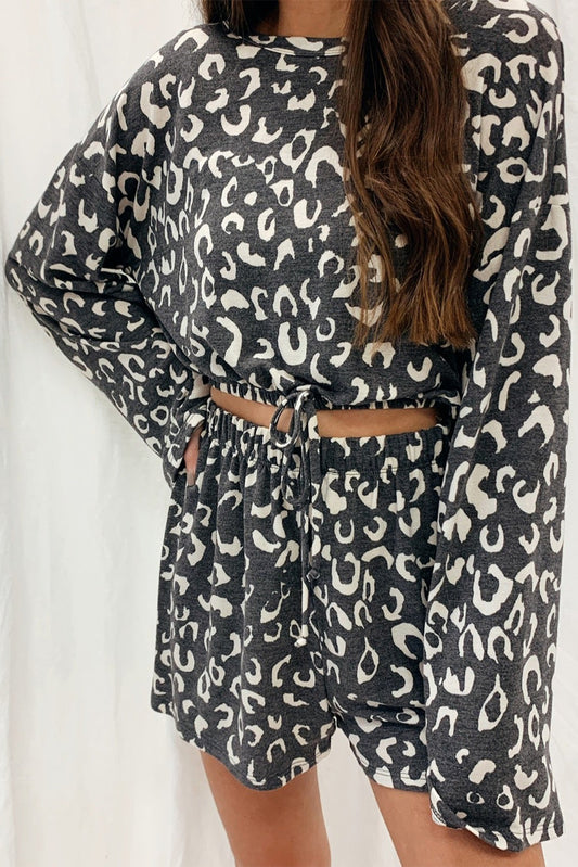 Gray Animal Print Long Sleeves Pullover and Shorts Lounge Set